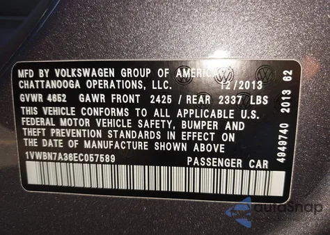 2014 Volkswagen Passat 2.0L Tdi Se from USA, damaged, VIN 1VWBN7A36EC057589